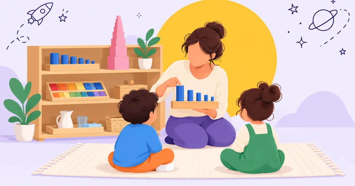 Illustration of a teacher guiding a small group of young learners with wooden Montessori materials on low classroom shelves